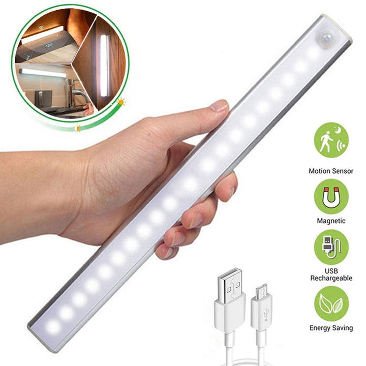 LED-Lichtleiste mit Bewegungssensor, magnetisch, USB-aufladbar, energiesparend, silber.