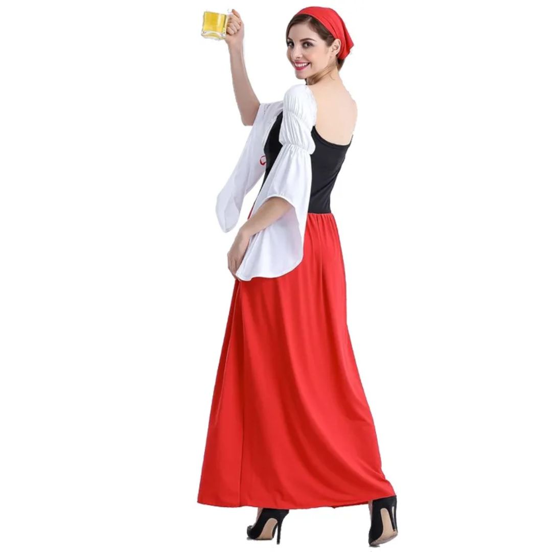Frau im Oktoberfest-Kostüm mit Bierkrug, rot-weißes Dirndl, festliche Tracht, Party-Outfit.