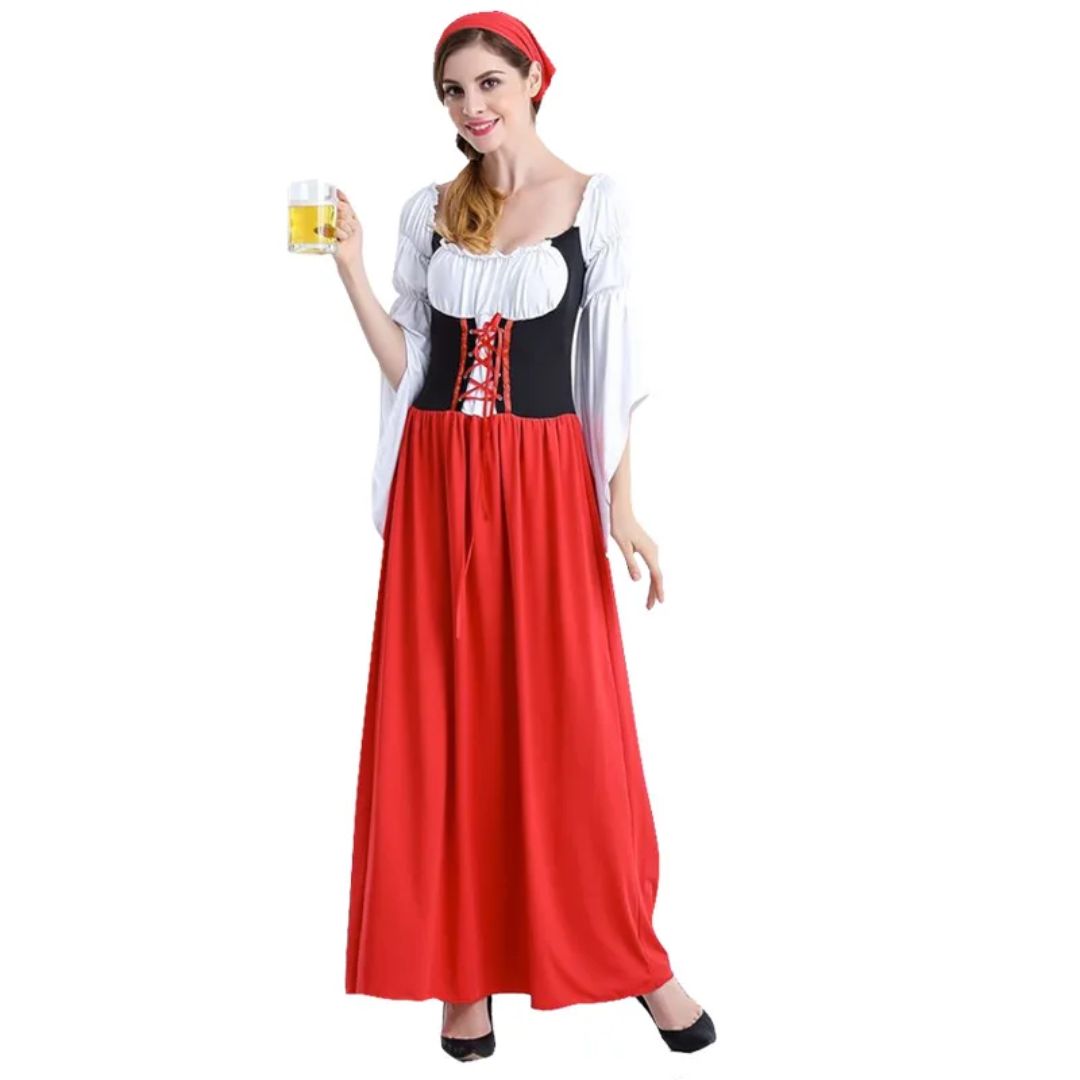 Frau im Oktoberfest-Kostüm mit Bierkrug, rot-weißes Dirndl, traditionell, festlich.