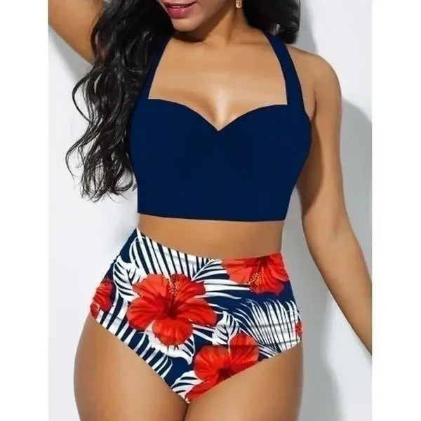 Damen-Bikini-Set, blaues Oberteil, geblümte Hose, tropisches Design, Bademode, Sommermode.