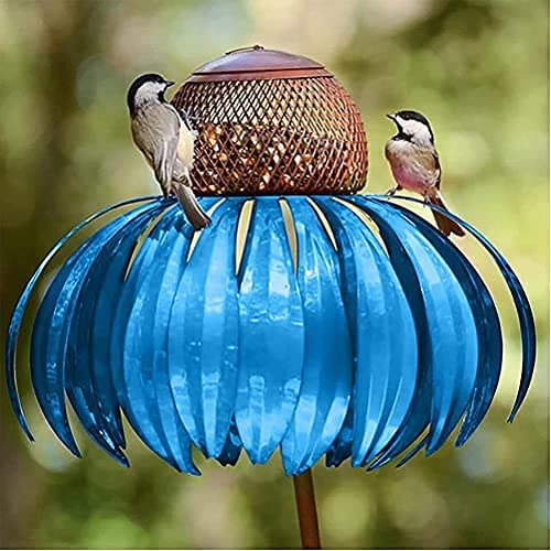 Blauer Metall-Vogelfutterspender mit zwei Vögeln, Garten-Dekoration, wetterfest.