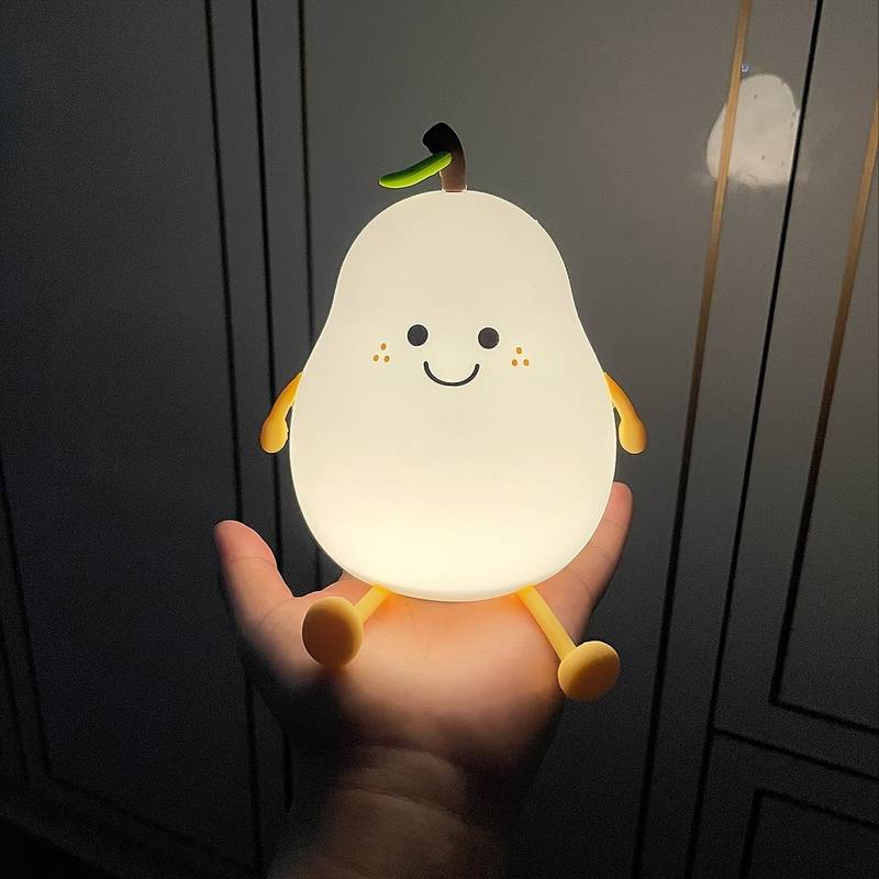 Leuchtende Birnen-Nachtlampe mit Gesicht, Kinderzimmer-Dekoration, LED, warmweißes Licht.