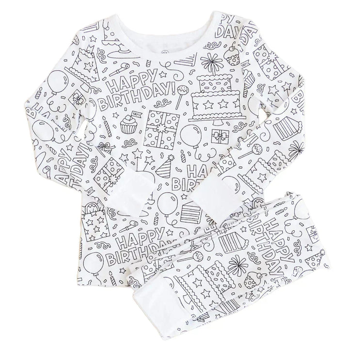 Kinder-Pyjama-Set, weiß, mit Happy Birthday-Motiven, Baumwolle, langärmelig, Geschenkideen.