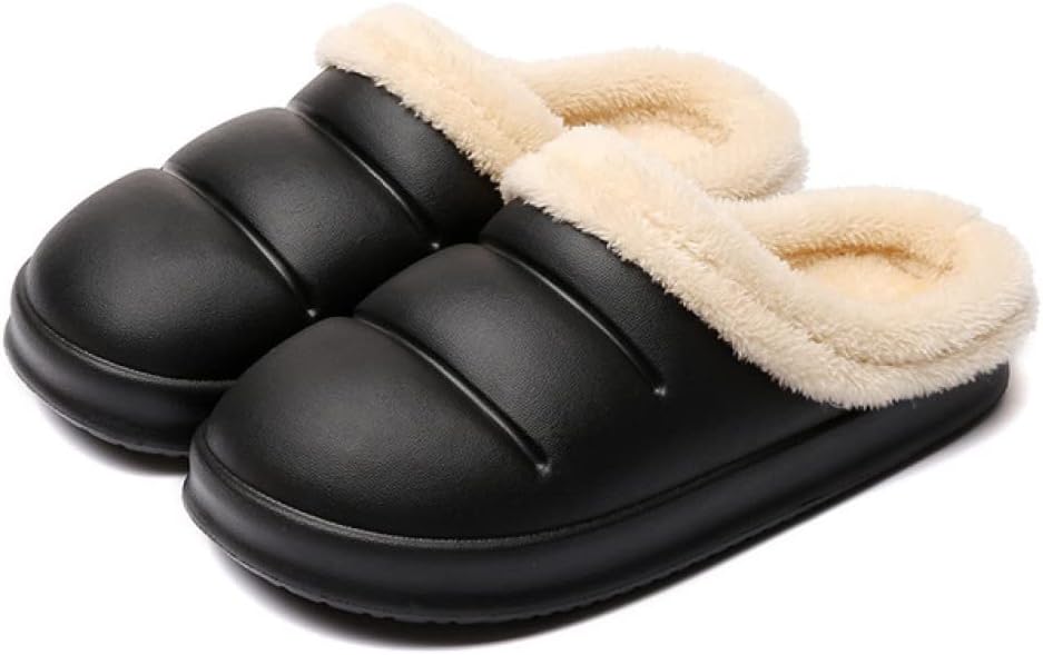 Schwarze Hausschuhe mit Plüschfutter, rutschfest, warm, bequem, Unisex.