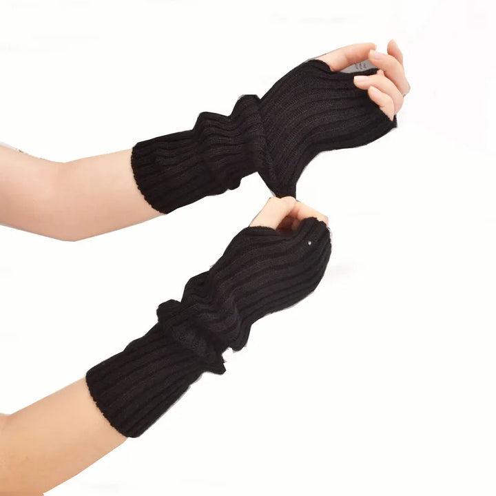 Schwarze gestrickte Armstulpen, 30 cm, Damenmode, warm, elegant, Winteraccessoire.