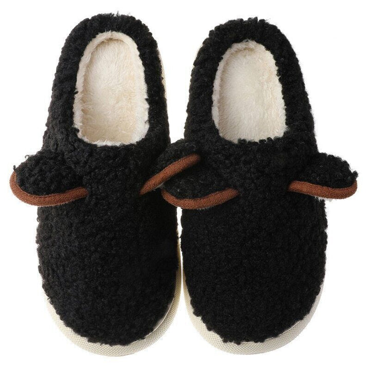 Schwarze Plüsch-Hausschuhe, warm, gemütlich, rutschfest, Unisex, Wintermode.