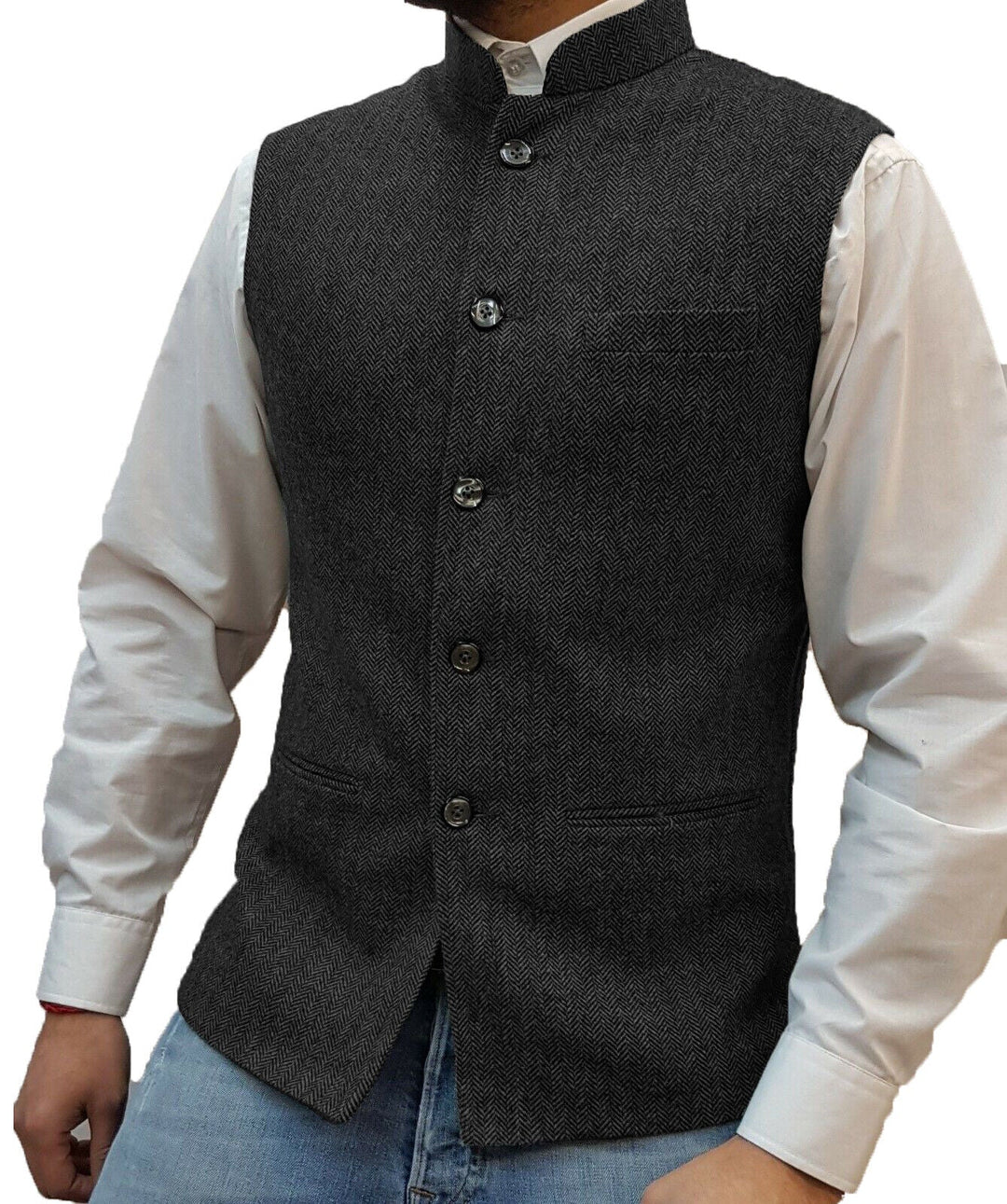 Schwarze Herrenweste aus Tweed, ärmellos, mit Knopfleiste, elegantes Design, ideal für Business.