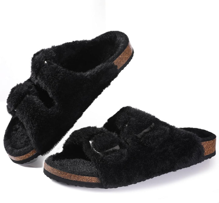 Schwarze flauschige Hausschuhe mit Korksohle, Damen, bequem, modisch, rutschfest.