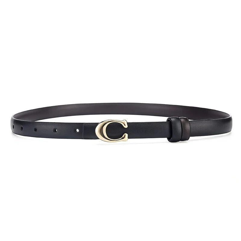 Schwarzer Ledergürtel mit goldener Schnalle, elegantes Accessoire, Damenmode.