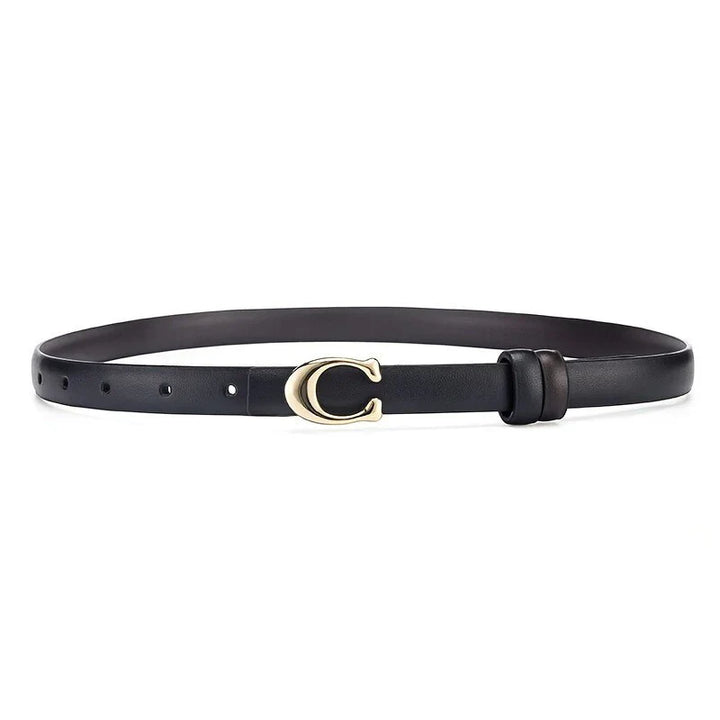 Schwarzer Ledergürtel mit goldener Schnalle, elegantes Accessoire, Damenmode.