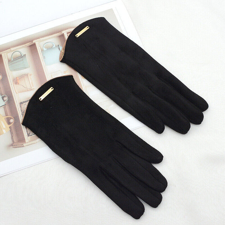 Schwarze Damenhandschuhe aus Leder, elegant, modisch, Accessoire, Herbst-Winter, klassisch.