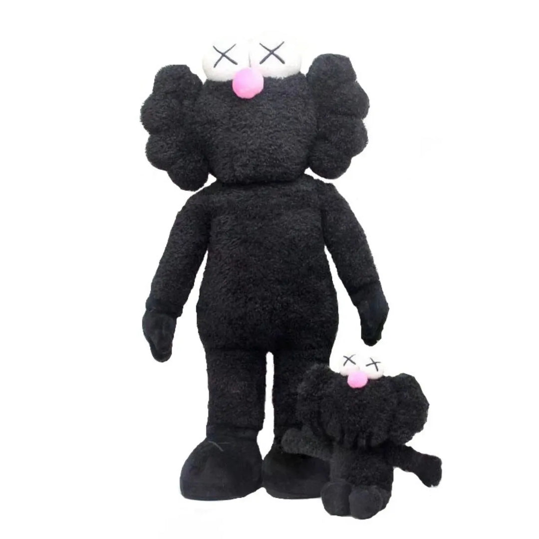 Schwarze Plüschfigur mit rosa Nase und X-Augen, große und kleine Version, Kuscheltier.