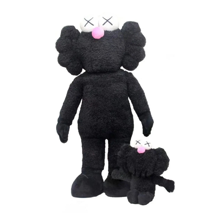 Schwarze Plüschfigur mit rosa Nase und X-Augen, große und kleine Version, Kuscheltier.