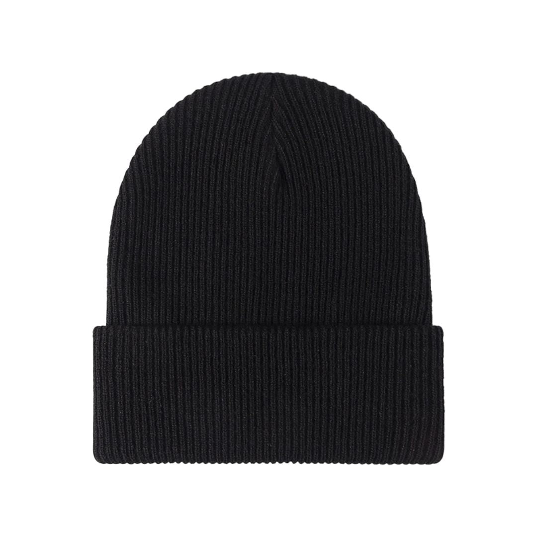 Schwarze Strickmütze aus Wolle, Unisex, warm, modisch, Winteraccessoire, geripptes Design.