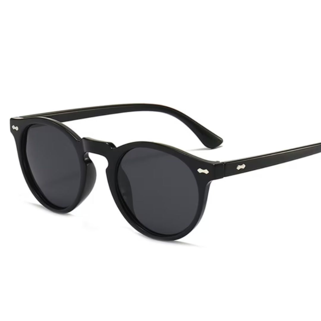 Schwarze runde Sonnenbrille, Unisex, UV-Schutz, modisch, Kunststoffrahmen.