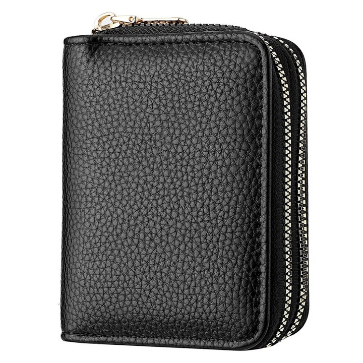 Schwarzes Leder-Portemonnaie mit Reißverschluss, kompakt, elegant, für Damen und Herren.