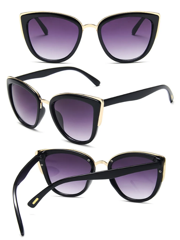 Schwarze Katzenaugen-Sonnenbrille mit goldenen Akzenten, UV-Schutz, modisch, Damen.