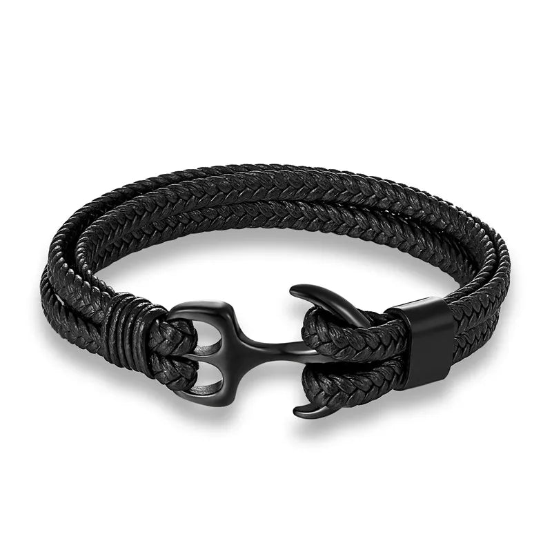 Schwarzes geflochtenes Lederarmband mit Anker-Verschluss, modisches Herrenaccessoire.