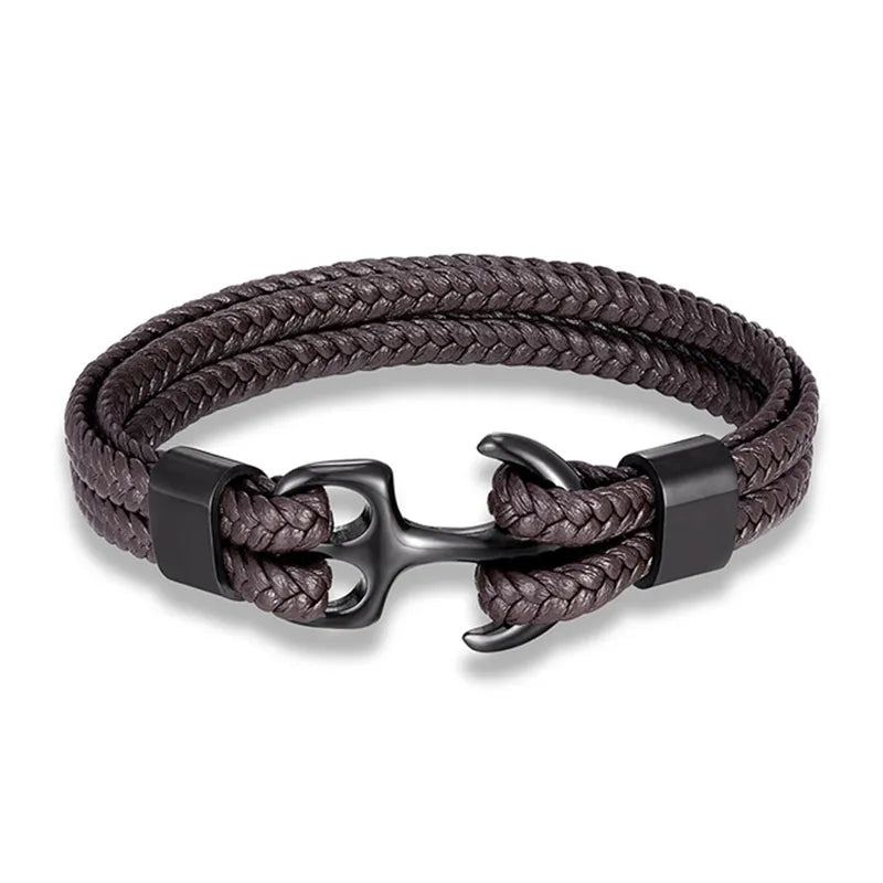 Geflochtenes Armband mit schwarzem Anker-Verschluss, Herren Schmuck, Leder, modisch.