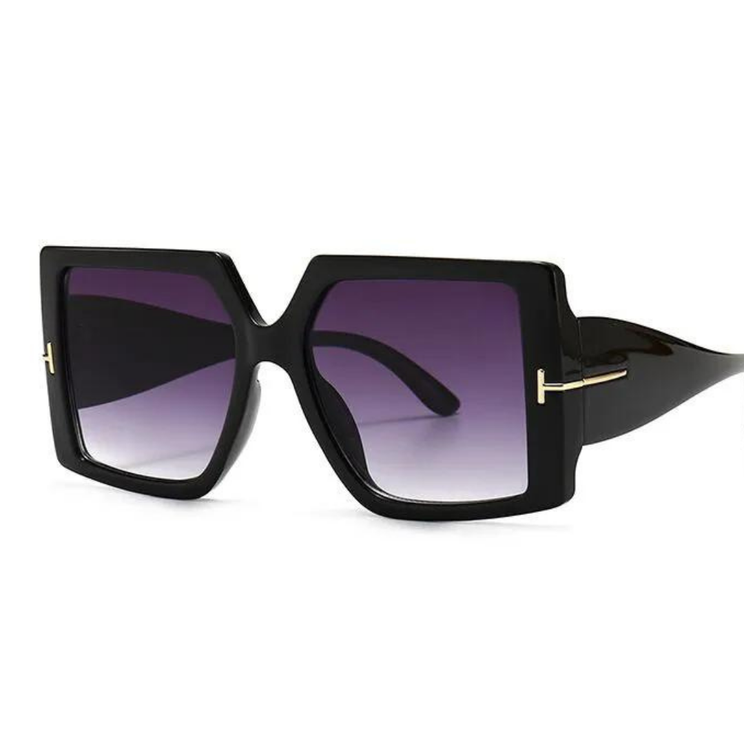 Schwarze eckige Sonnenbrille, lila Gläser, modisch, UV-Schutz, Damenaccessoire.