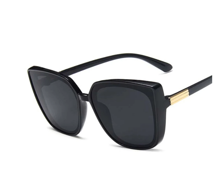 Schwarze Sonnenbrille Damen, quadratisch, UV-Schutz, modisch, Kunststoff, goldene Details.