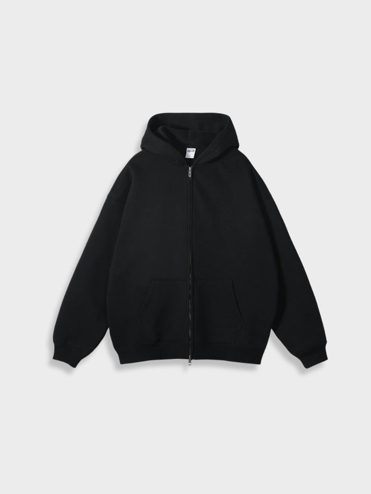 Schwarzer Kapuzenpullover mit Reißverschluss, Unisex, Baumwolle, lässig, modisch, bequem.