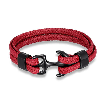 Rotes Ankerarmband aus geflochtenem Leder mit schwarzem Verschluss, modisches Accessoire.