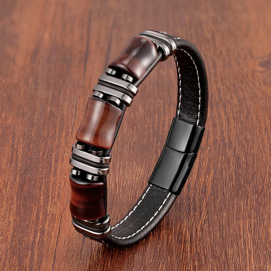 Armband aus schwarzem Leder mit roten Tigeraugen-Perlen, Edelstahl, Herren-Schmuck.