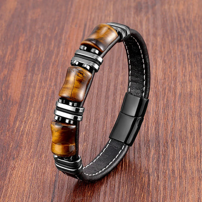 Armband aus schwarzem Leder mit Tigerauge-Steinen, Herren-Schmuck, modisch, elegant.