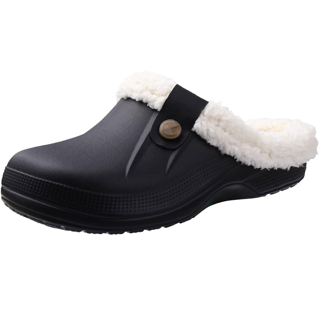 Schwarzer Clog mit weißem Kunstfellfutter, rutschfest, bequem, Unisex-Hausschuh.