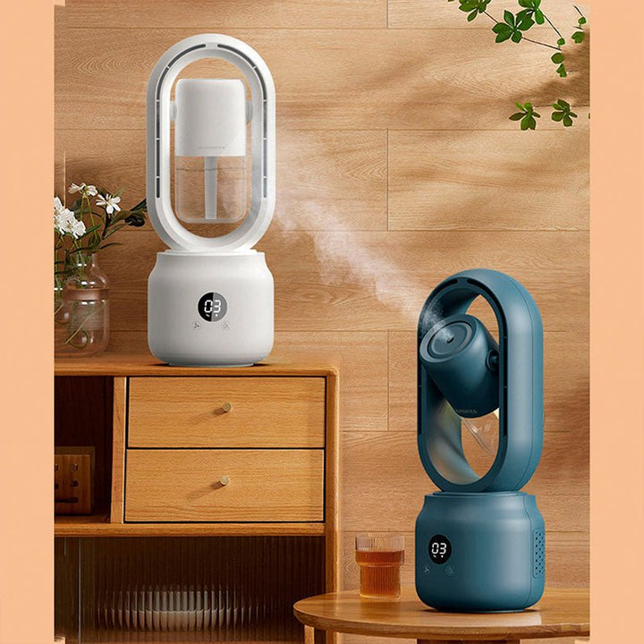 Bladeless tragbarer Ventilator mit Luftbefeuchter, weiß und blau, modernes Design, Holzhintergrund.