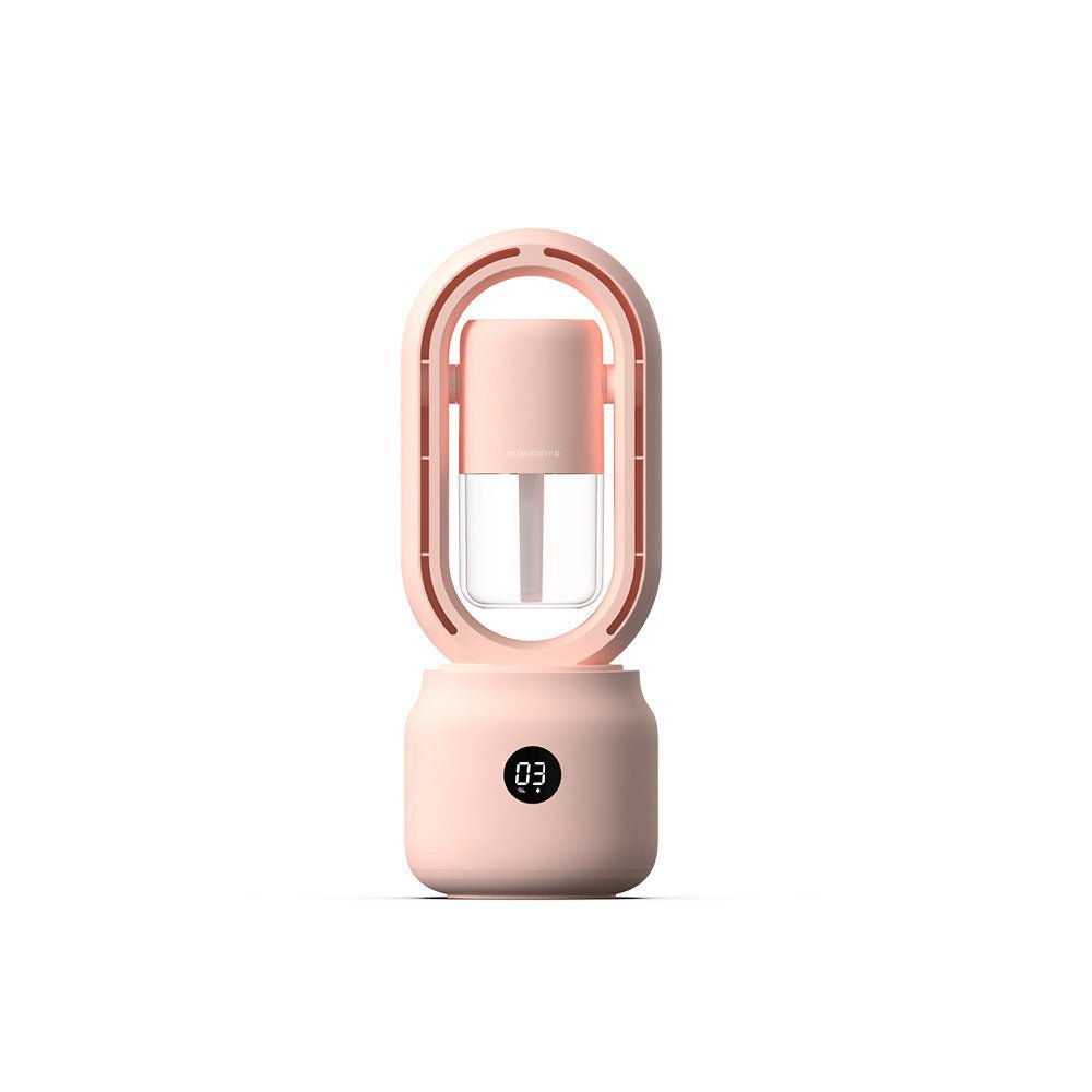 Rosa, tragbarer, bladeless Ventilator mit Luftbefeuchter, digitalem Display, modernem Design.