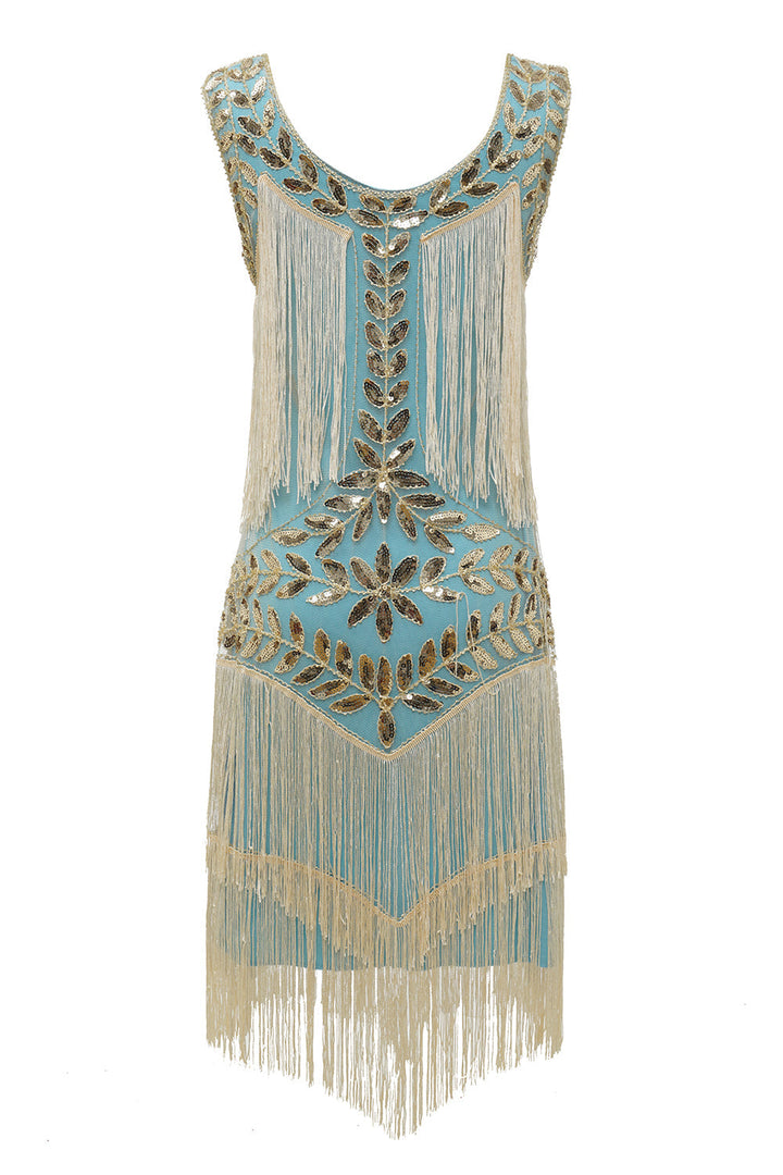 Blaues Charleston-Kleid mit goldenen Pailletten und Fransen, 1920er Jahre Vintage-Stil.