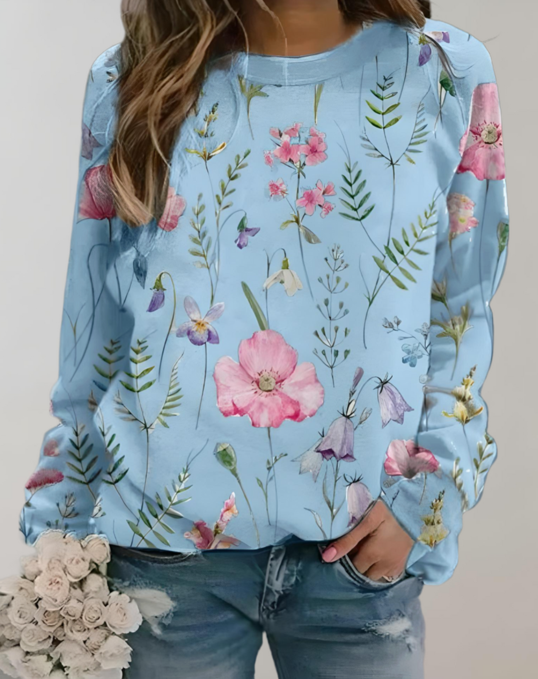 Damenpullover mit Blumenmuster, hellblau, langärmelig, lässig, Baumwolle, modisch.