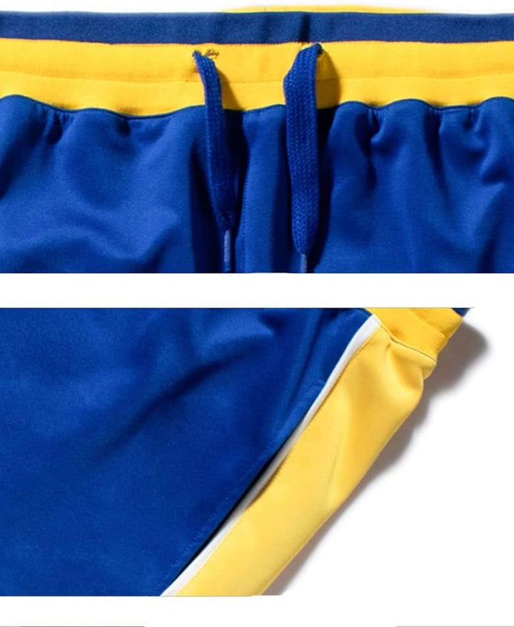 Blau-gelbe Sportshorts, elastischer Bund, Kordelzug, atmungsaktives Material, Herrenbekleidung.