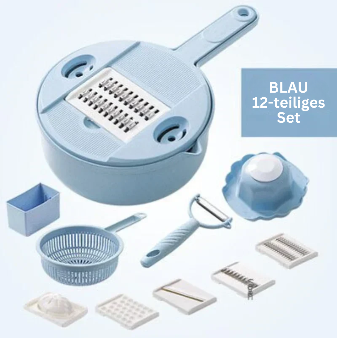 Blaues 12-teiliges Küchenreibe-Set, multifunktional, mit Gemüseschneider und Hobel.