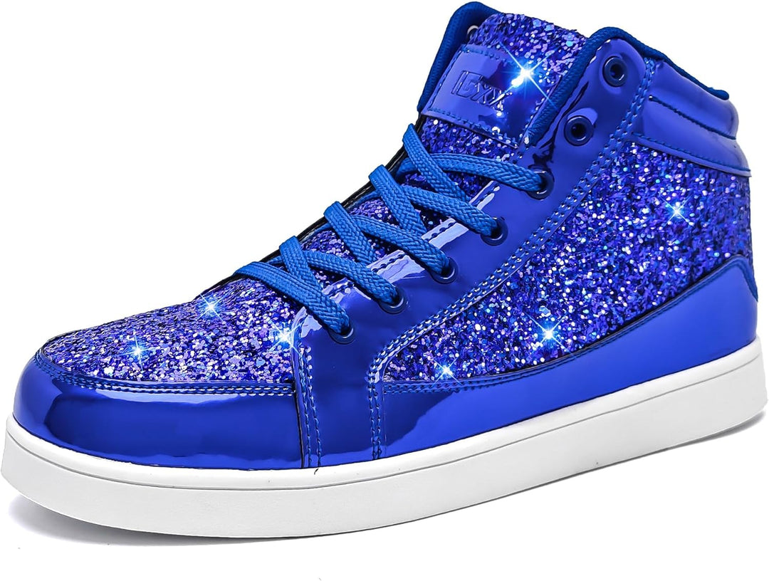 Blaue glitzernde High-Top-Sneaker für Damen, modisch, glänzend, Freizeit, Schnürschuhe.