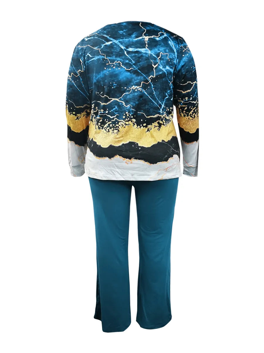 Damen Pyjama-Set, blau-goldenes Muster, langärmelig, bequeme Nachtwäsche, Baumwolle