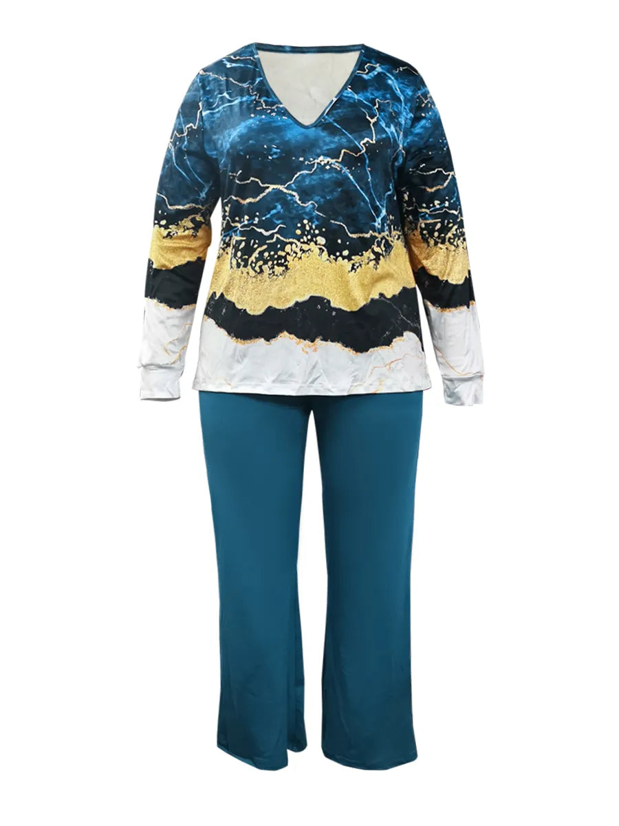 Damen-Pyjama-Set, blau-goldenes Muster, Langarmshirt, lange Hose, bequem, Nachtwäsche.