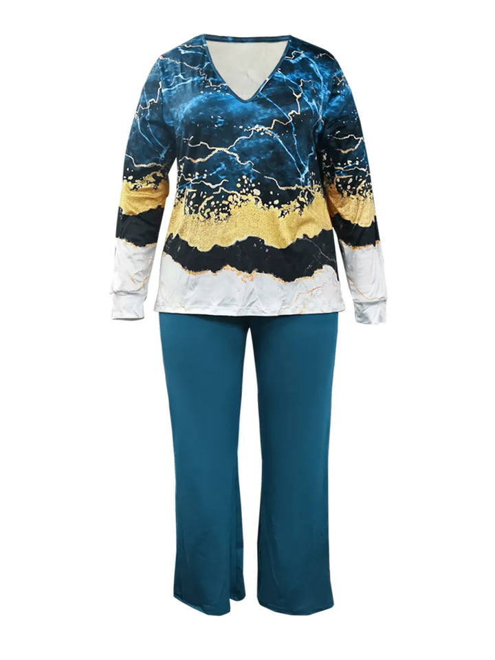 Damen-Pyjama-Set, blau-goldenes Muster, Langarmshirt, lange Hose, bequem, Nachtwäsche.