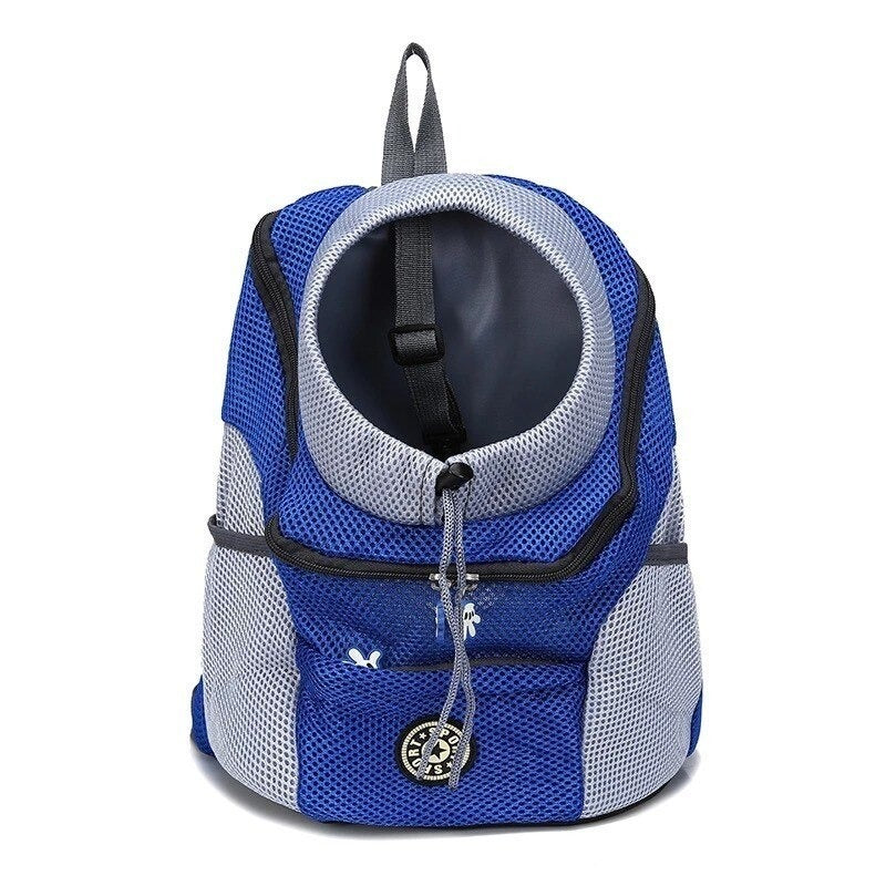 Blaue Haustier-Hundetragetasche aus Mesh, atmungsaktiv, für Reisen und Outdoor-Aktivitäten.