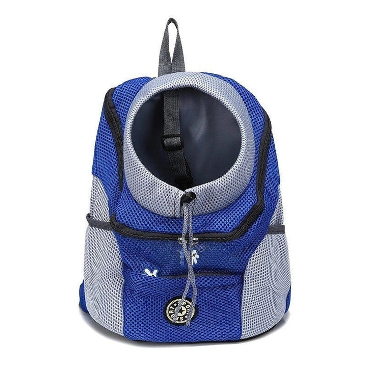 Blaue Haustier-Hundetragetasche aus Mesh, atmungsaktiv, für Reisen und Outdoor-Aktivitäten.