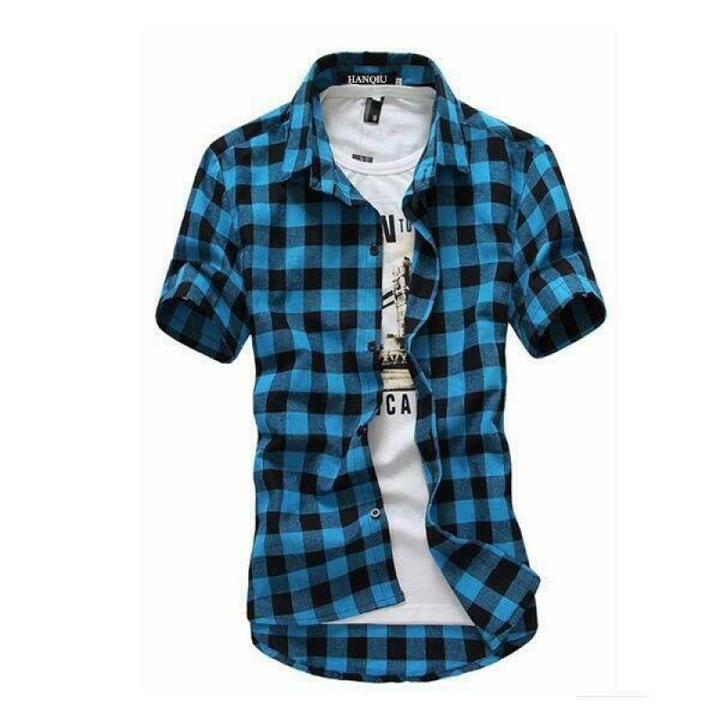 Blau-schwarz kariertes Herrenhemd, kurzärmelig, Baumwolle, lässig, modisch.