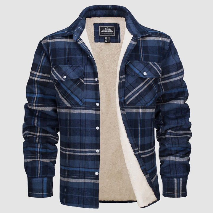 Blau kariertes Herrenhemd mit Fleece-Futter, Langarm, Knopfleiste, Wintermode.