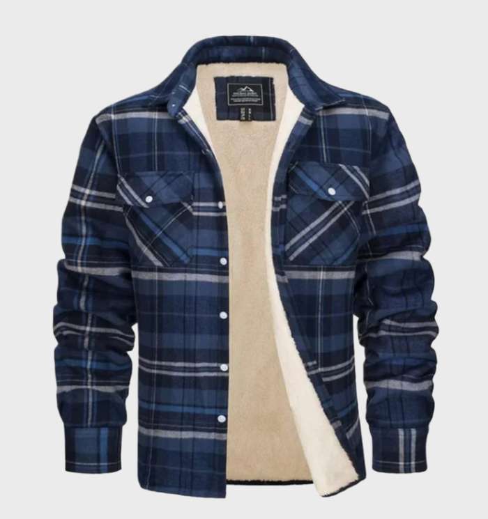Blaues kariertes Herrenhemd mit Fleece-Futter, Langarm, Knopfleiste, Wintermode.