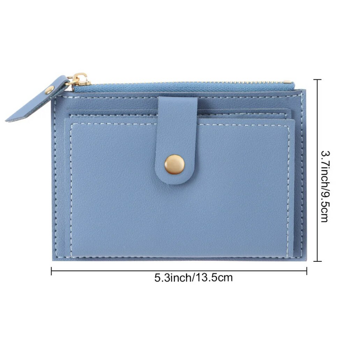 Blaue Leder-Geldbörse mit Druckknopf, Reißverschluss, 13,5x9,5cm, stilvoll und kompakt.