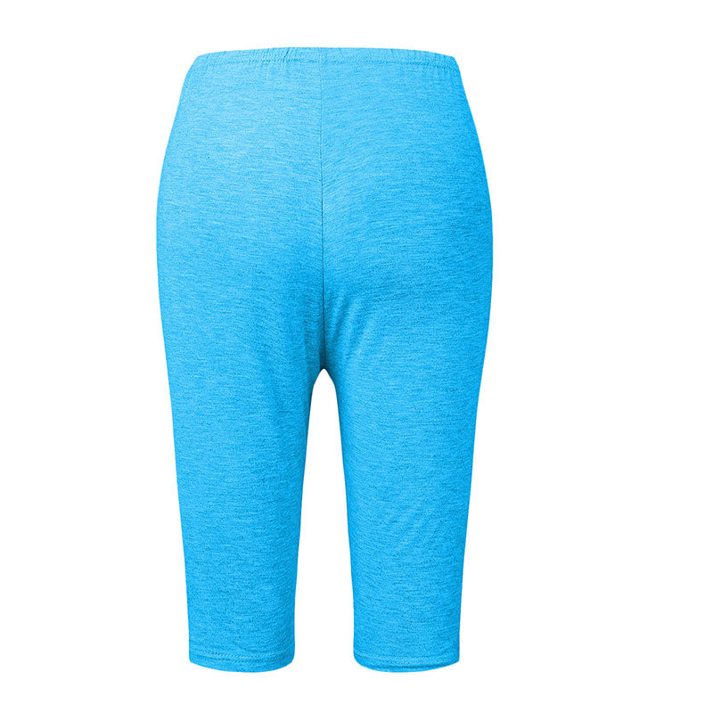 Blaue Damen-Radlerhose, elastisch, knielang, atmungsaktiv, ideal für Sport und Freizeit.