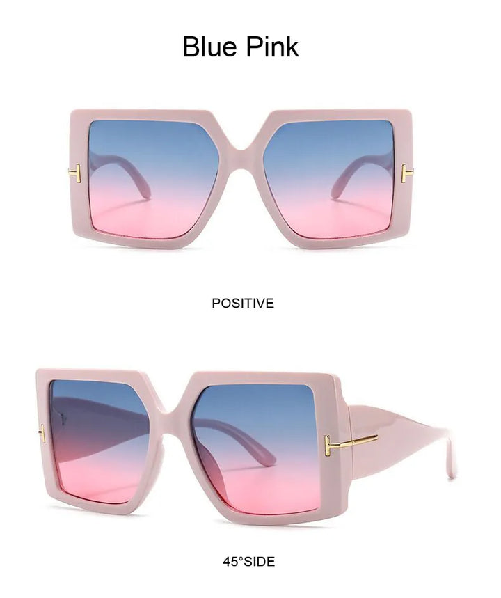 Übergroße quadratische Sonnenbrille, blau-rosa Verlauf, modisch, UV-Schutz.