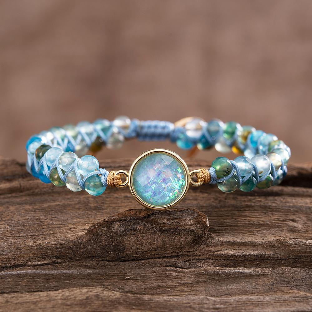 Blaues Opal-Armband, rund, Perlen, geflochten, Yoga-Schmuck, Balance, Edelstein, Damen.