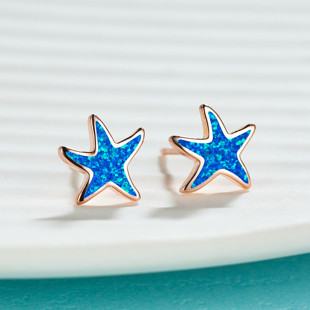 Blaue Seestern-Ohrringe, Glitzer, Roségold-Fassung, modisch, Damen-Schmuck, Geschenkidee.